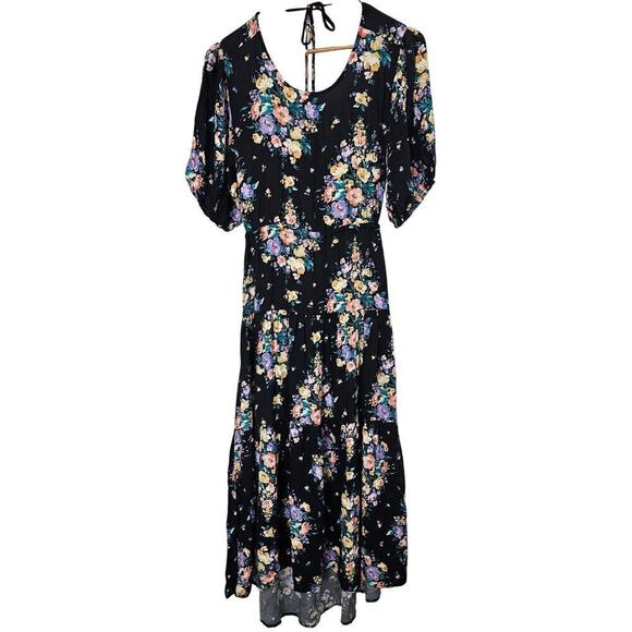 O'Neill Alta Dress Womens Size Medium Black Floral Open Back Boho Cottage Midi - Picture 1 of 12